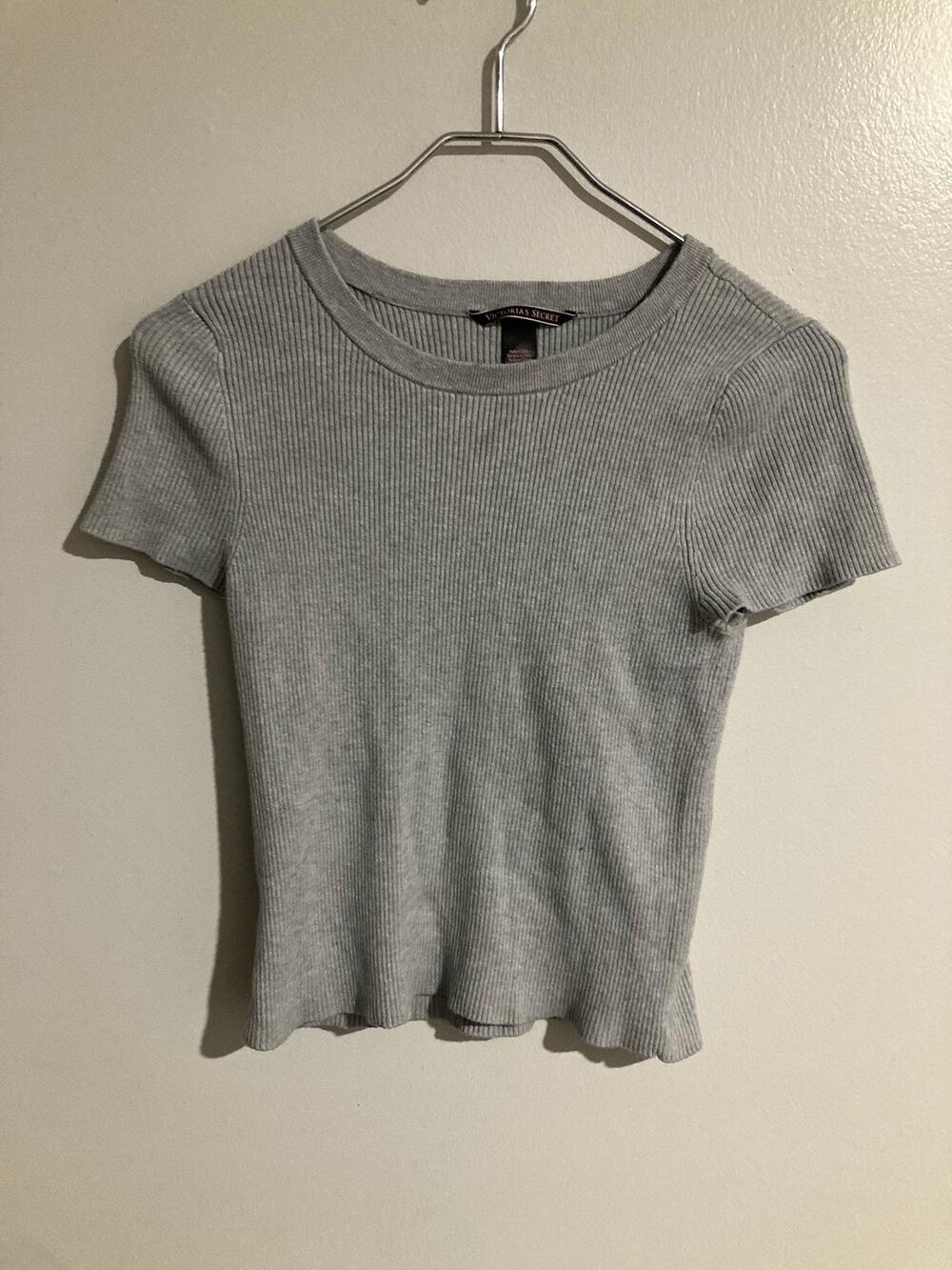 Victoria's Secret Shirt Womens L Gray Ribbed Ruffle Hem Crew Neck Short Sleeve